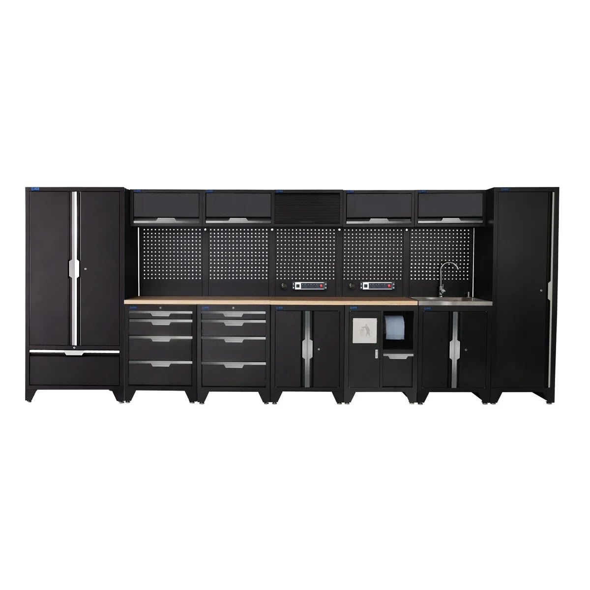 SGS 17pc Garage Storage System | 8 Drawers | Pressed Wood Worktop | Tall Single & Double Cabinet with Drawer | Bin Unit | Floor Cabinet | Sink Unit | 5x Upper Cabinets | 2x Pegboards with Power Strip